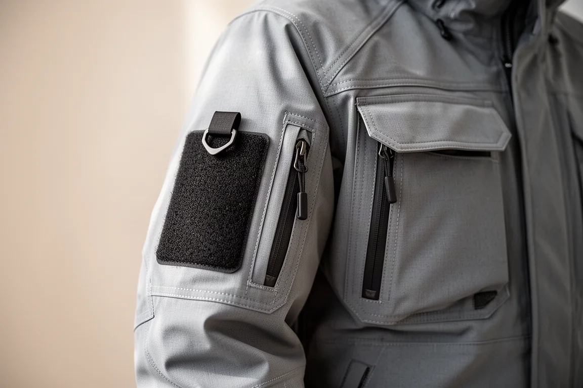 Close-up of a chest pocket with a lift pass clipped into the sleeve pass pocket