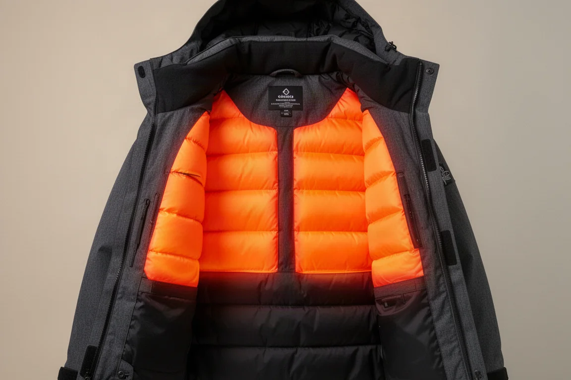 Orange heat-mapped insulation panels visible inside an open snowboard jacket
