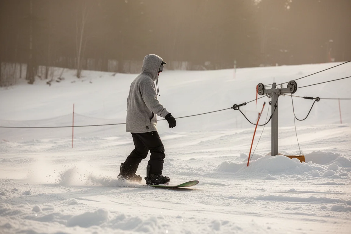 Snowboarder in a hooded waterproof layer riding a rope tow in soft spring light