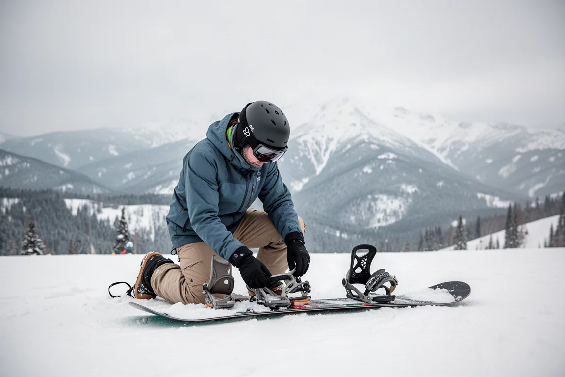 Snowboarder che sistema gli attacchi su una pista innevata in montagna