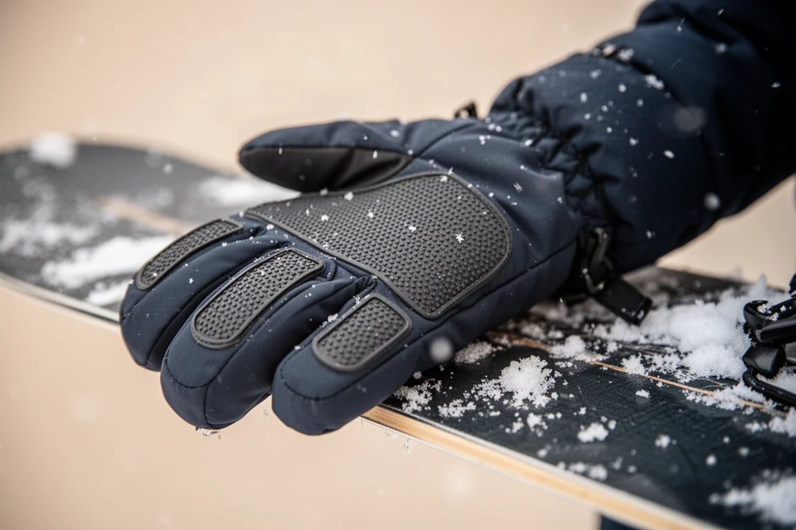 Primo piano del palmo di un mitten con texture antiscivolo gommosa sulla neve