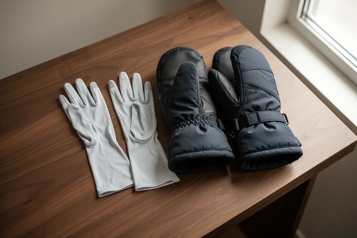Guanti interni sottili e mittens imbottiti disposti su una superficie in legno