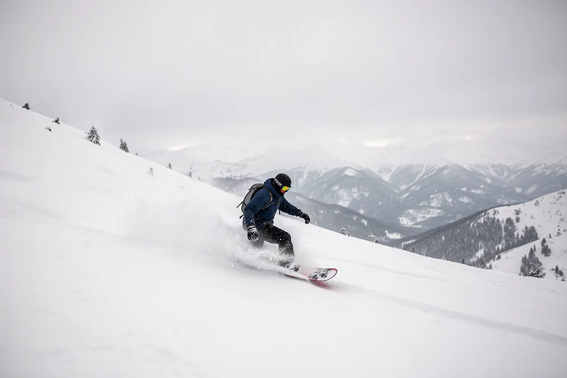 Snowboarder navegando nieve profunda con la nieve salpicando alrededor de la tabla