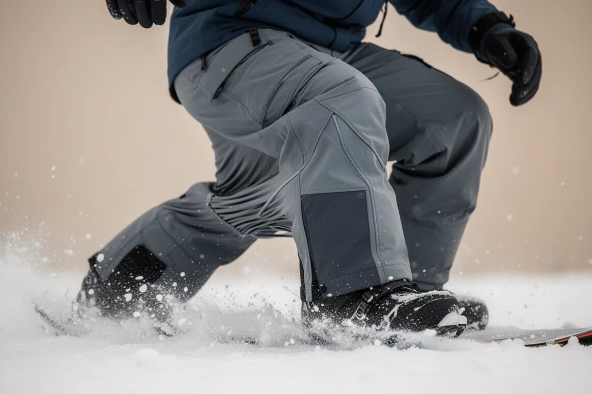 Primer plano de paneles de tejido elástico flexionándose en pantalones de nieve