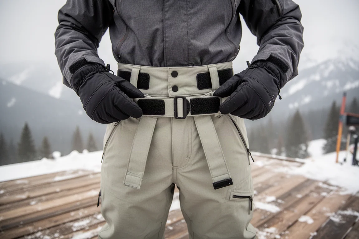 Rider ajustando las pestañas de velcro de la cintura de un pantalón de nieve en la base de una montaña