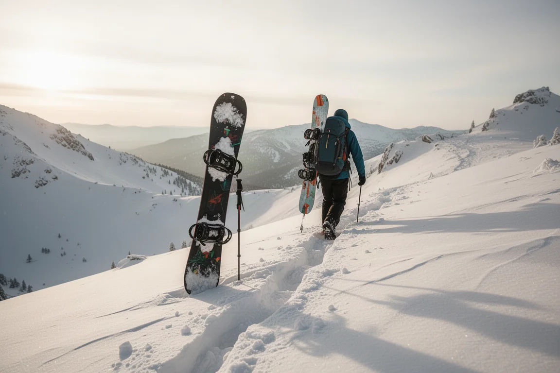 Rider de backcountry ascendiendo una cresta con una splitboard transportada en la mochila