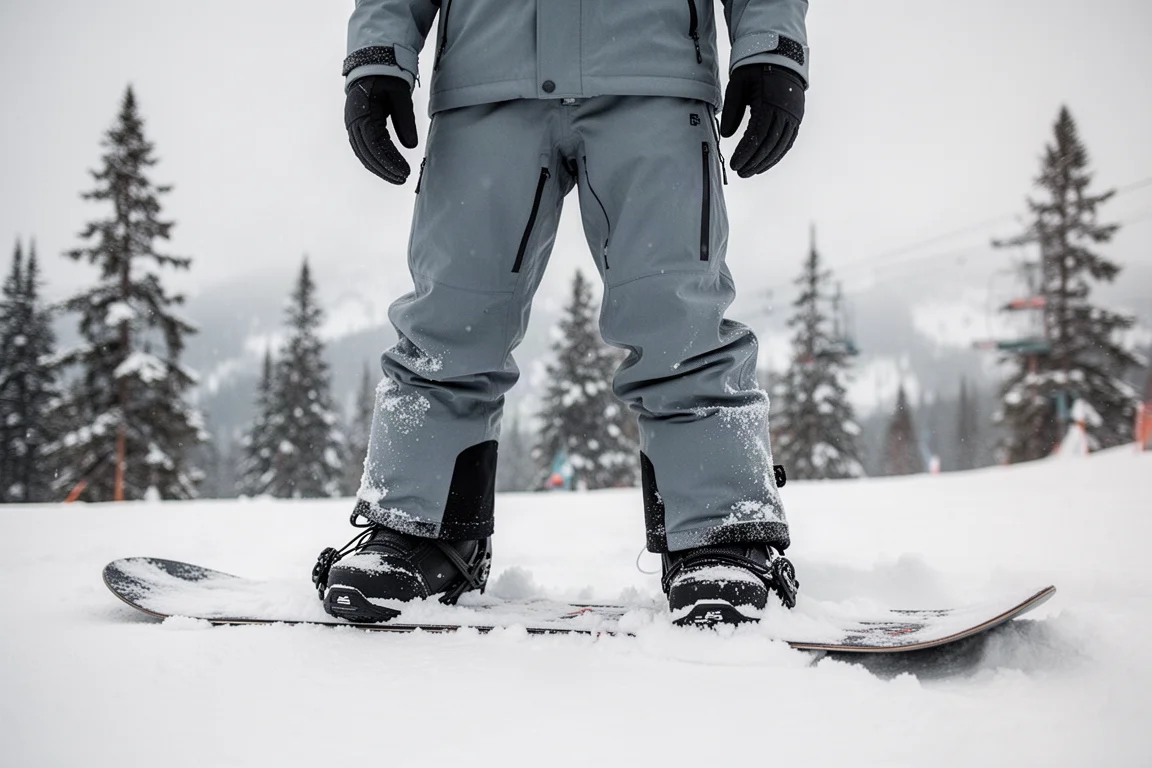Bas du corps d'un snowboardeur dans la poudreuse en station, empiècements du pantalon sur les bottes