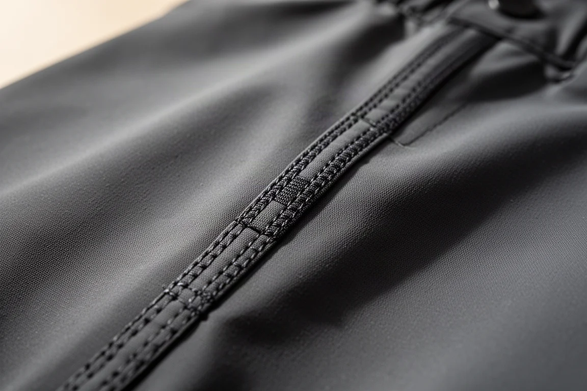 Gros plan sur une couture double renforcée à l'intérieur d'un pantalon de snowboard
