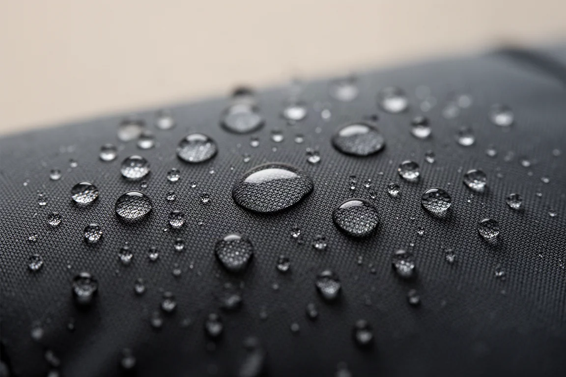 Perles d'eau glissant sur la surface d'un tissu technique déperlant durable