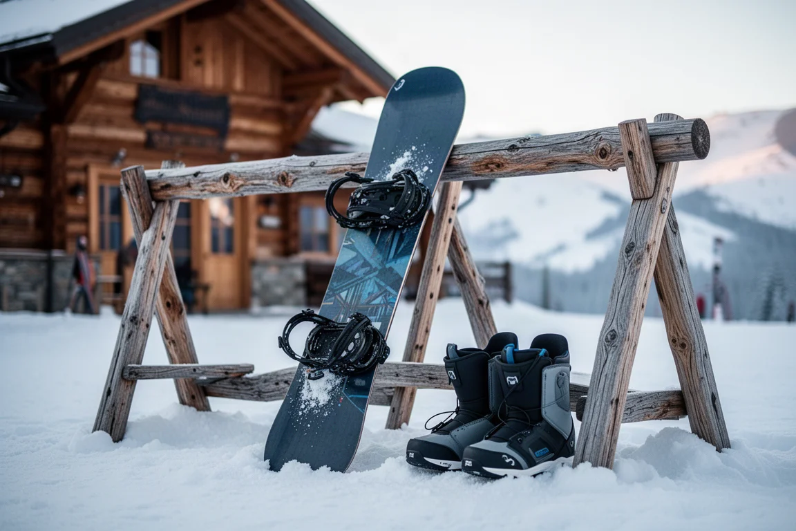 Snowboard et bottes posés sur un rack en bois avec les pistes enneigées en arrière-plan