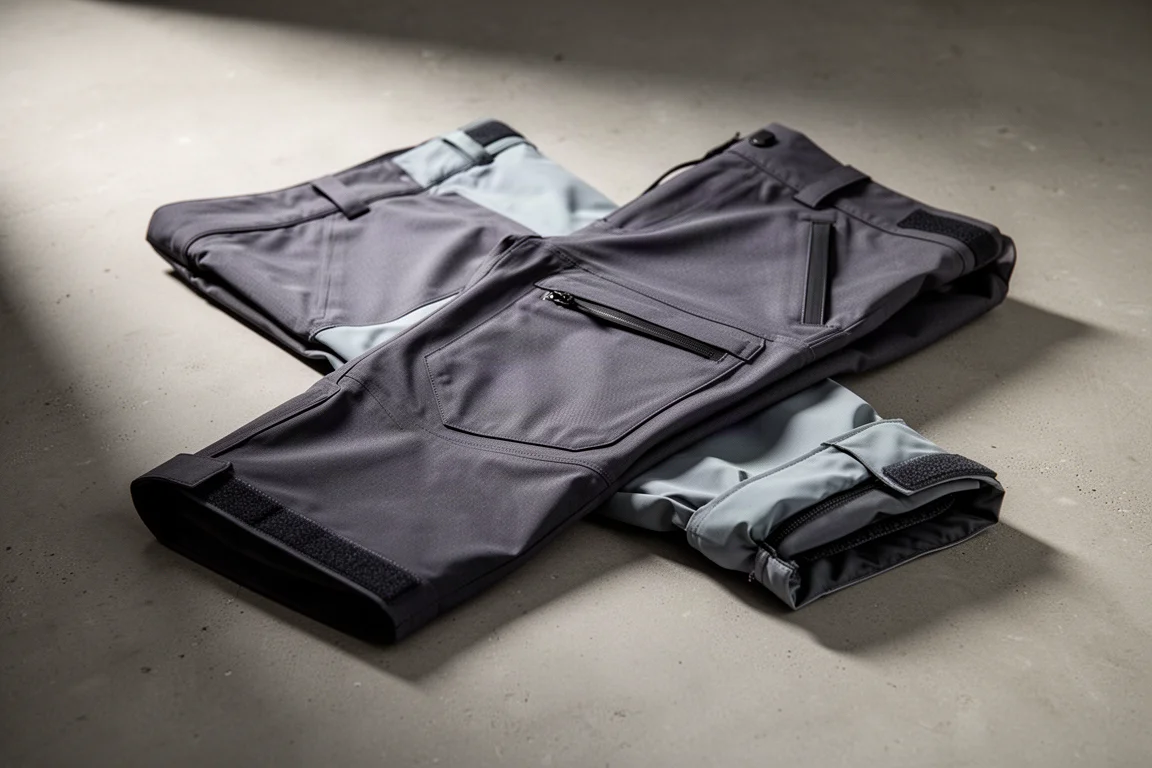 Folded technical snowboard shell pants on a concrete surface showing hem and pocket detail