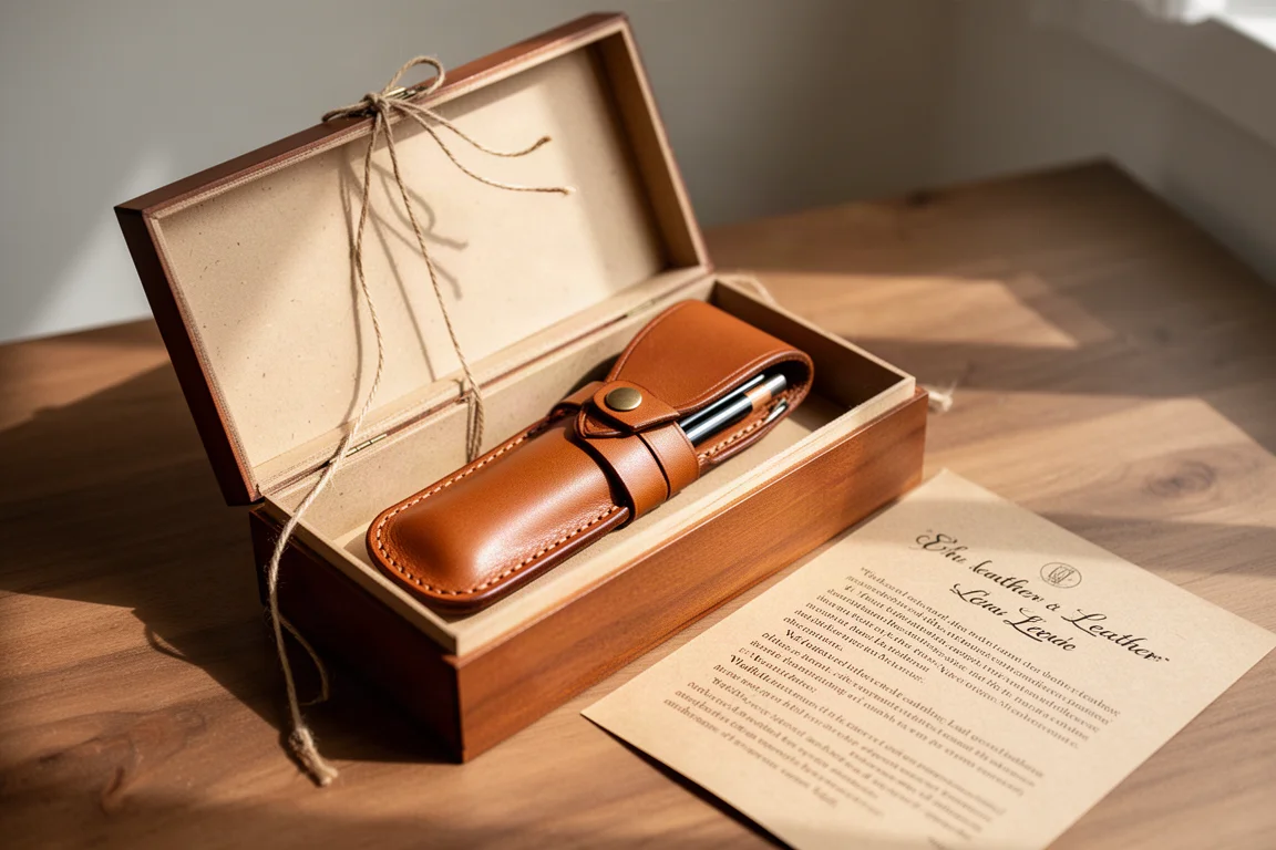 Leren etui in zijn cadeaubox met documentatie op craftpapier