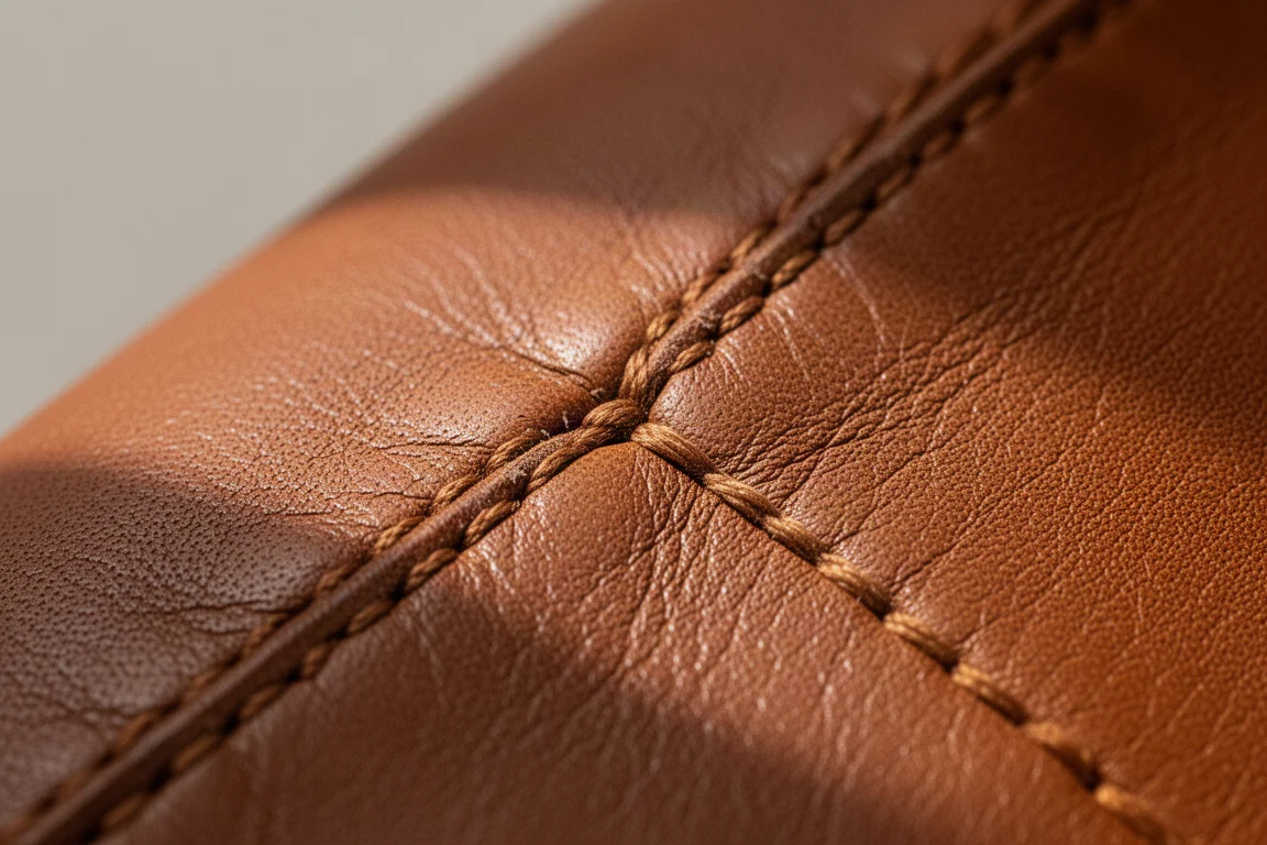 Close-up van handstitching op gestructureerd Pueblo-leer in cognac