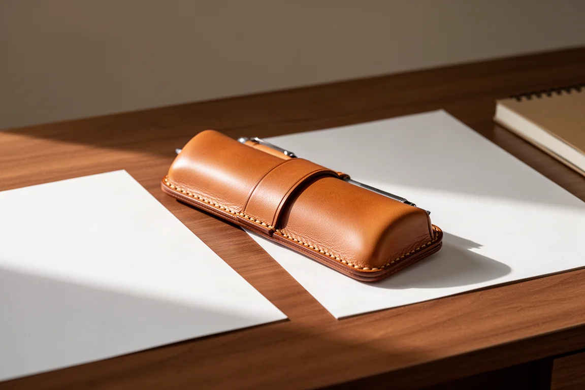 Cognac/kleurig leren etui op een bureau naast schrijfpapier