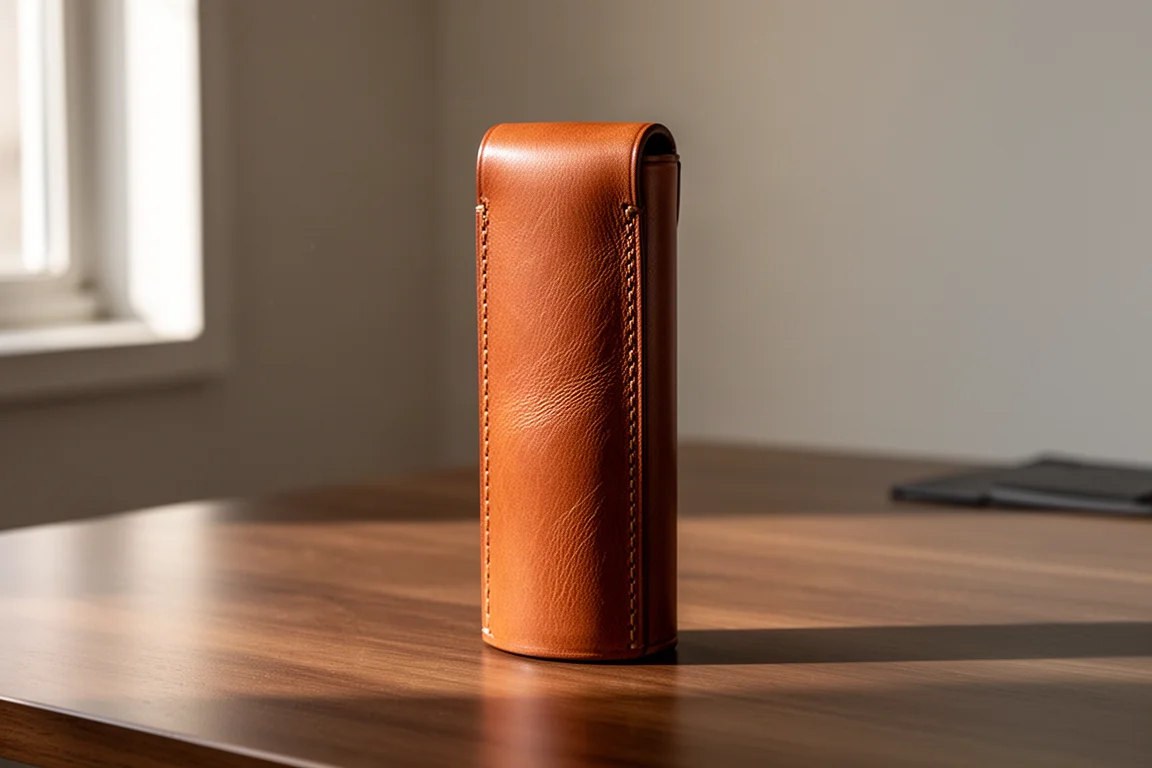 Astuccio per portamine in pelle color cognac cucito a mano su una scrivania in legno spazzolato