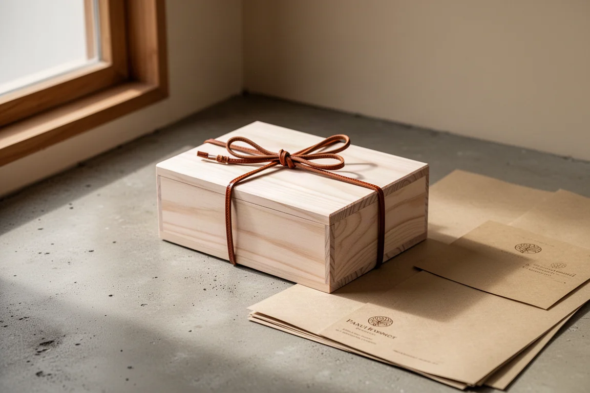 Scatola di legno di paulownia legata con cordoncino, scena di unboxing su superficie neutra