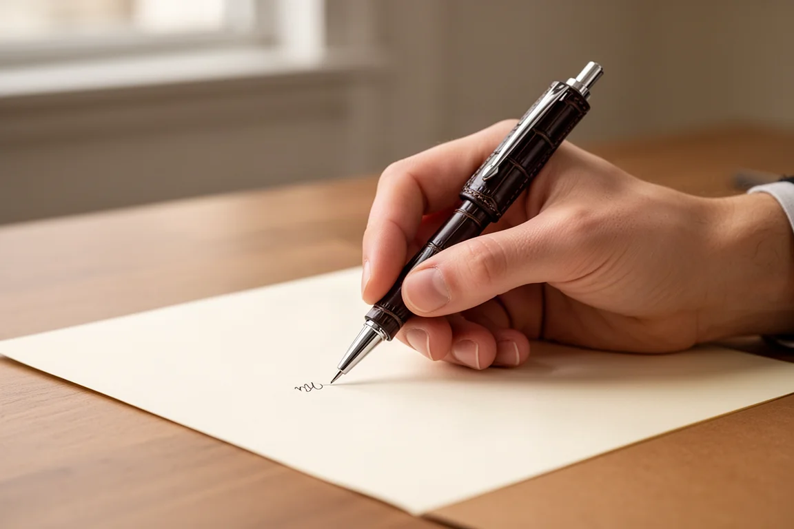 Mano che scrive comodamente con un portamine sottile in pelle nera su carta