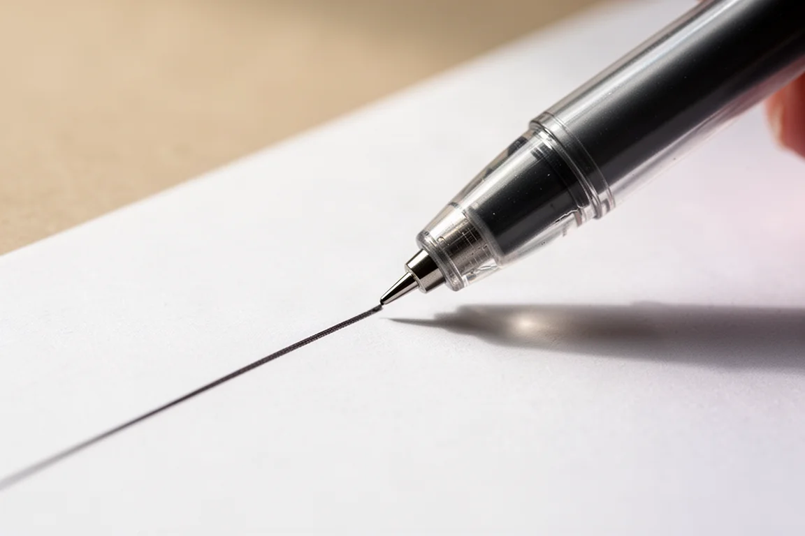 Primo piano di una penna gel a punta fine che disegna un tratto sottile e nitido su carta bianca