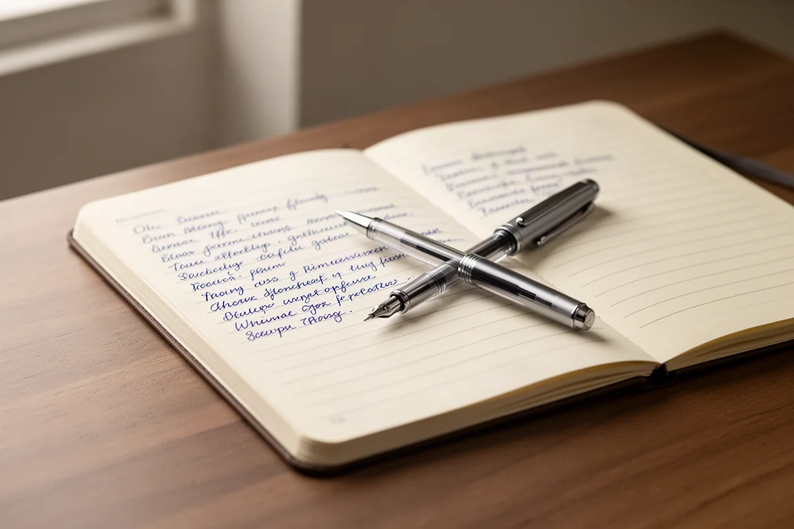Appunti scritti a mano in un quaderno con una penna roller appoggiata accanto