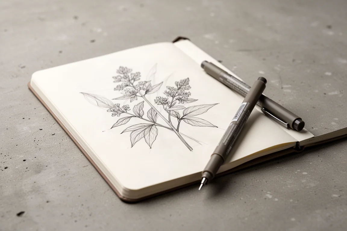Un artista che disegna con una fineliner in uno sketchbook aperto
