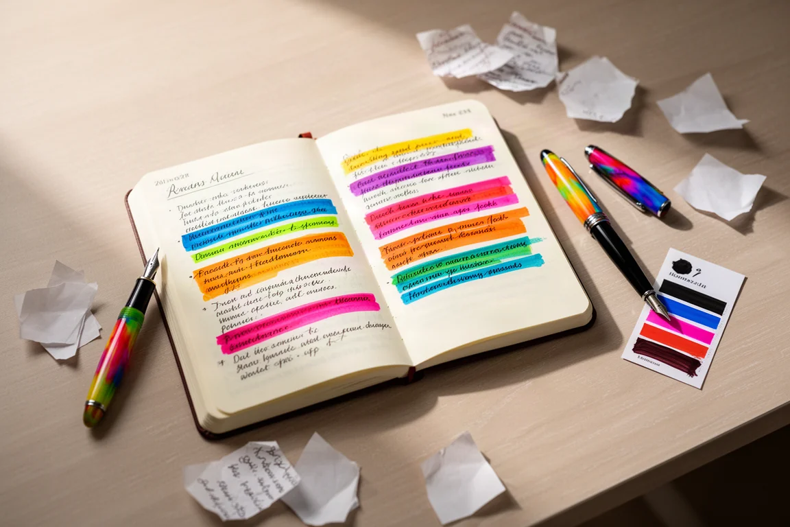 Pagine di journaling con inchiostri dai colori vivaci su una scrivania in luce soffusa