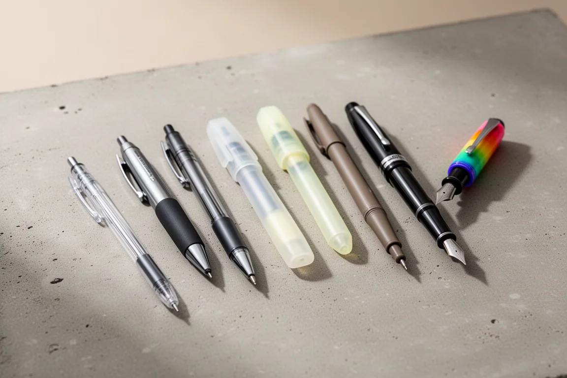 Seven plain-bodied pens of different types arranged in a row on a concrete surface