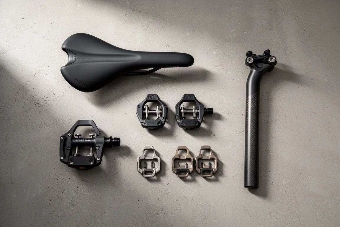 Flat-lay of a saddle, road pedals, cleats and a carbon seatpost on concrete