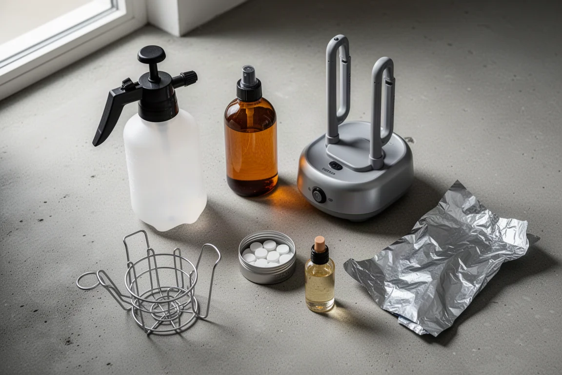 Flat-lay of household bike care items including a pressure sprayer, shoe dryer, drainer and foil