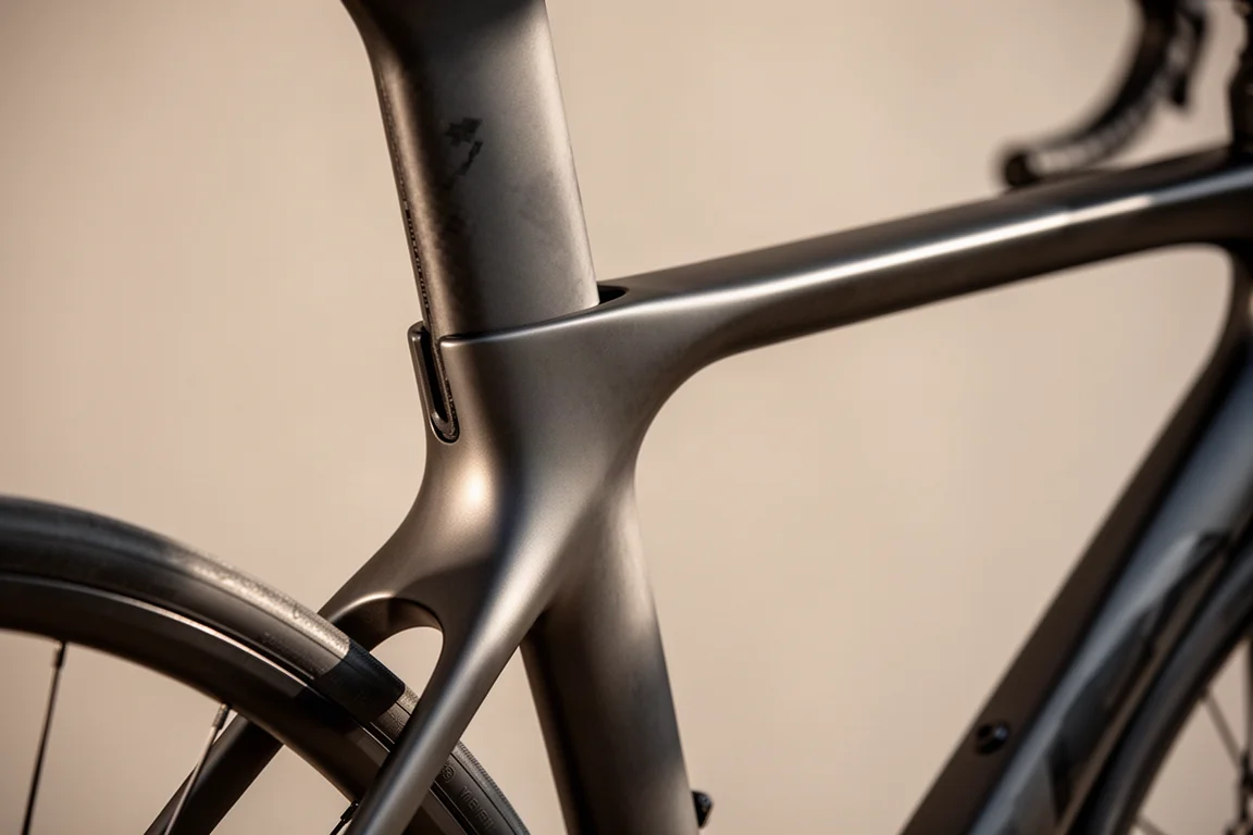 Primer plano del cuadro de una bicicleta de carretera ligera con acabado de carbono liso