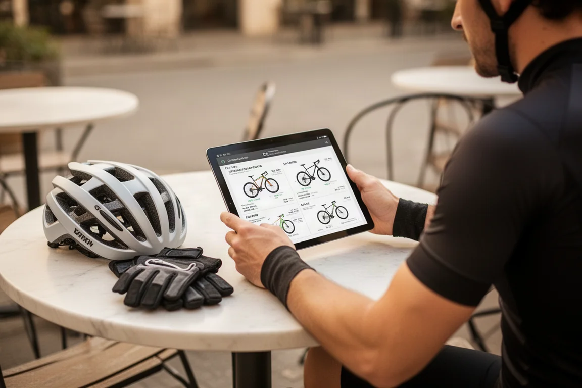 Ciclista revisando opciones de bicicletas en una tablet durante una parada en una cafetería