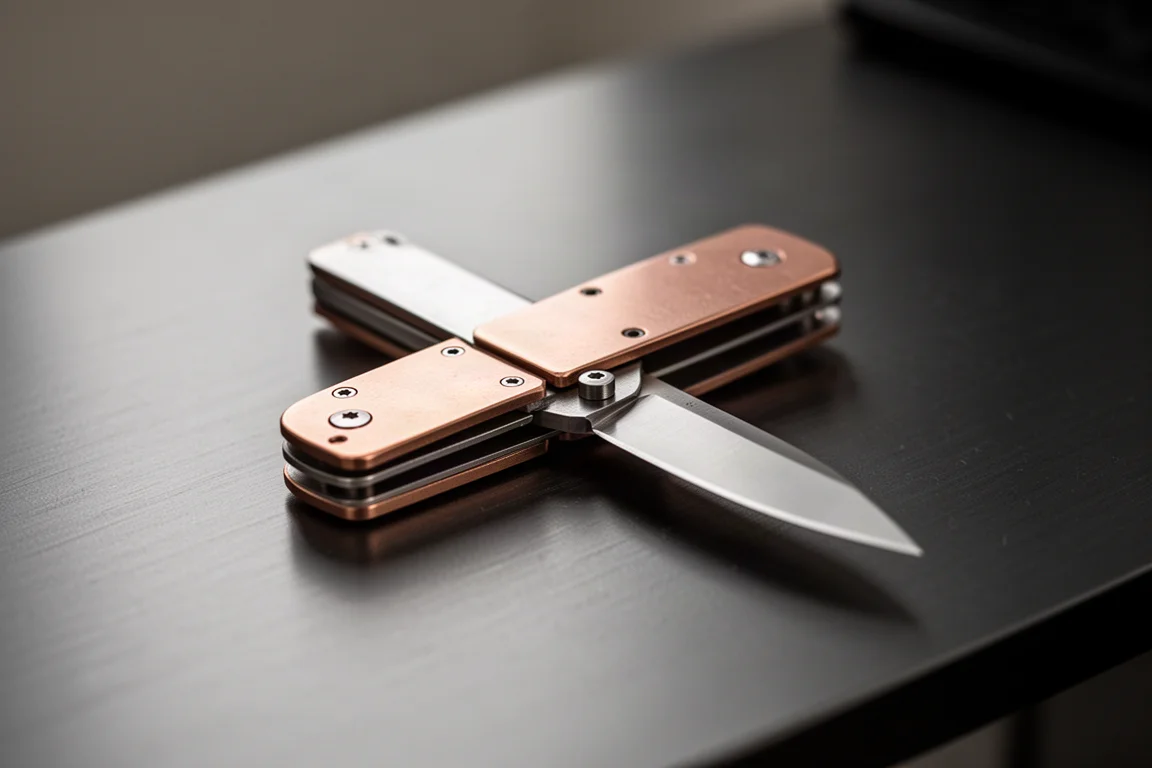 Een friction folder-mes met koperen heft op een donker bureaublad