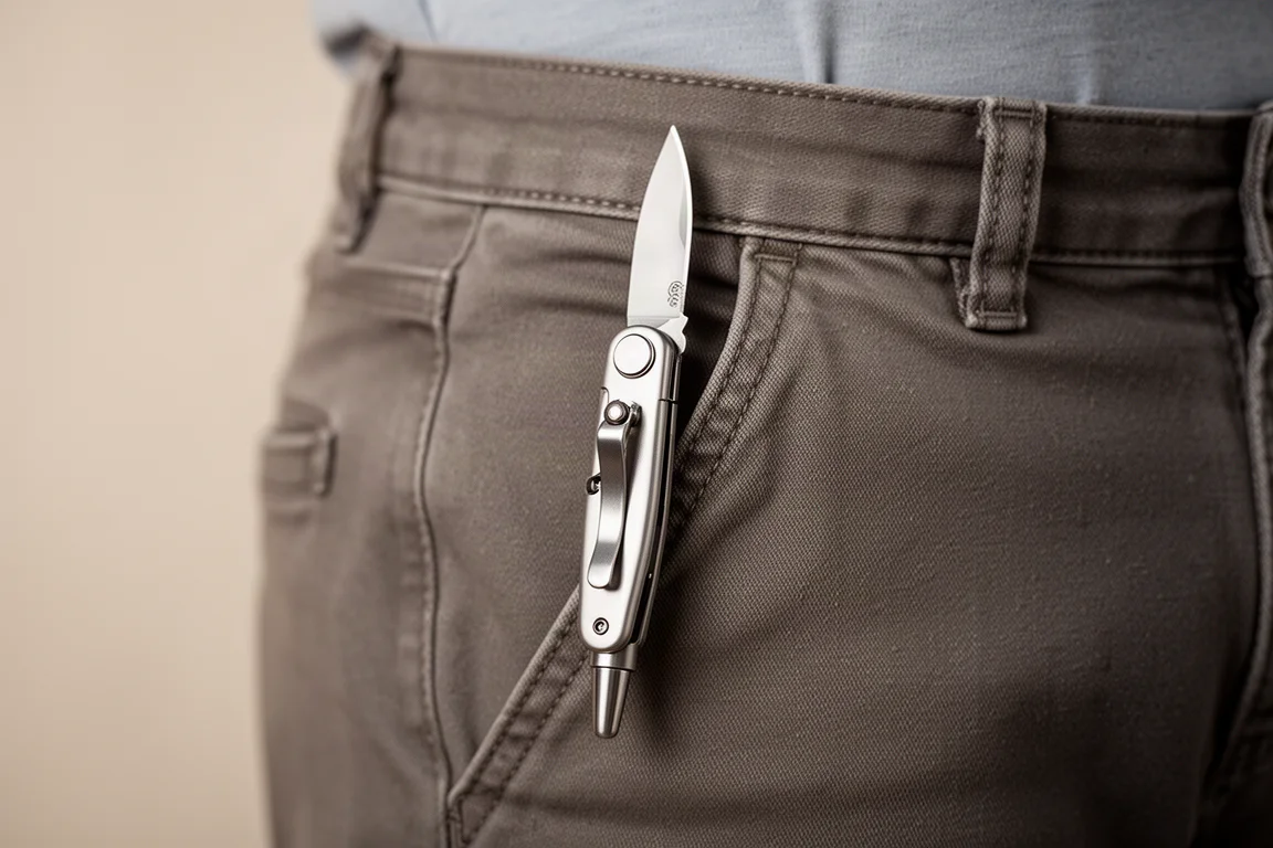 Een pen-vormig bolt-action zakmes, geclipst in een zak