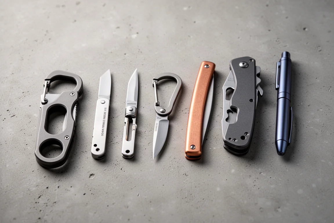 Seven unusual folding pocket knives arranged in a row on a concrete surface