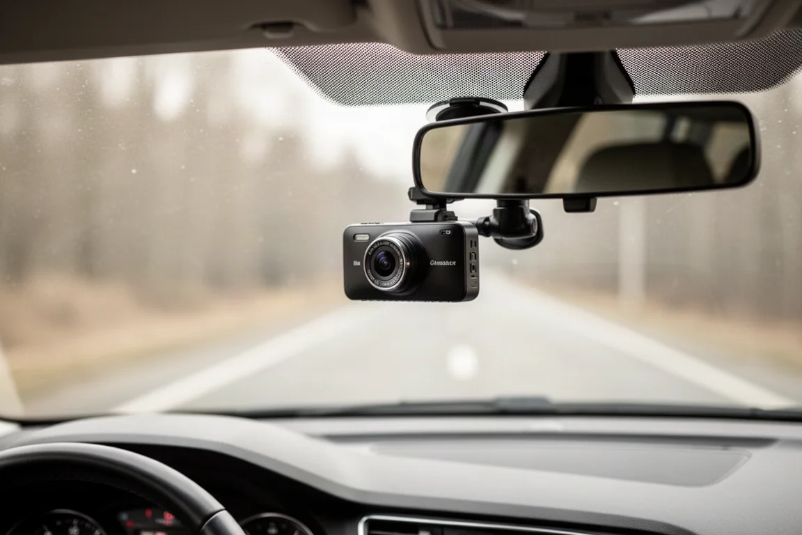 Dashcam an einer Windschutzscheibe montiert mit Blick auf die Straße voraus