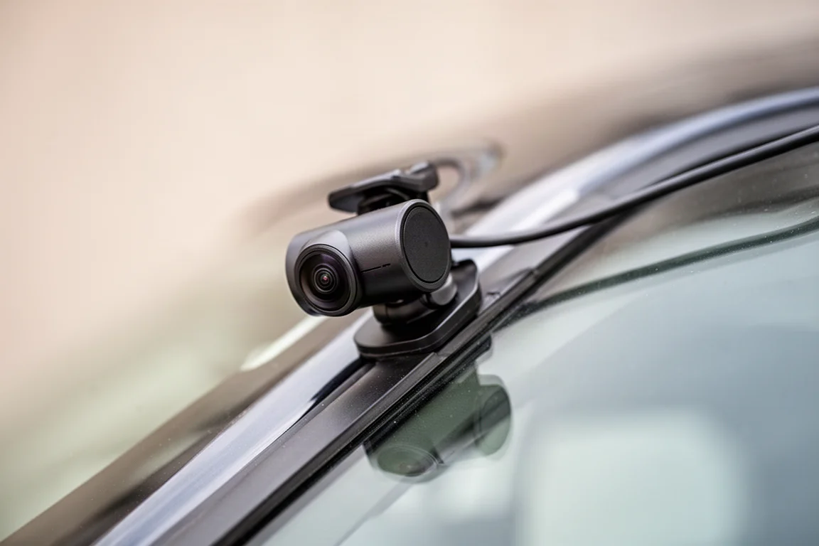 Nahaufnahme der Heckkamera der Dashcam, montiert an einem hinteren Fenster