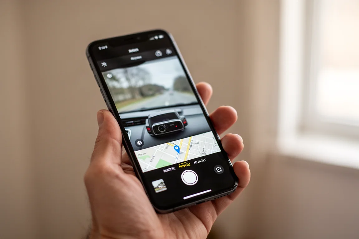 Smartphone mit Live-Ansicht der Dashcam und einer Karte des Fahrzeugstandorts