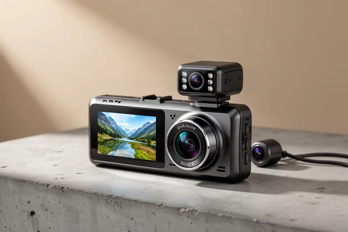 コンクリートの表面に置かれたLCDディスプレイと車内カメラを備えた70mai 4K T800ドライブレコーダー