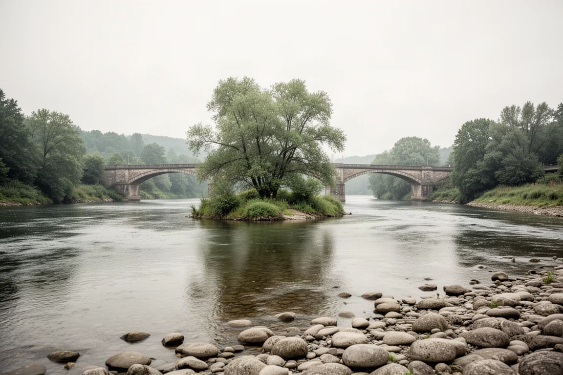 Een rustige rivier met een rotsachtige oever en een historische brug onder een bewolkte hemel