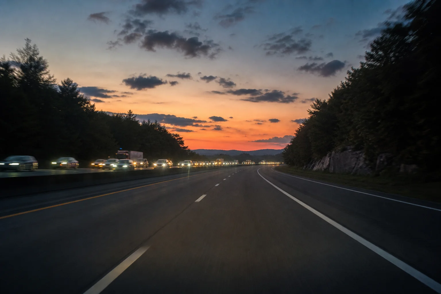 Highway traffic scene with oncoming vehicles at dusk