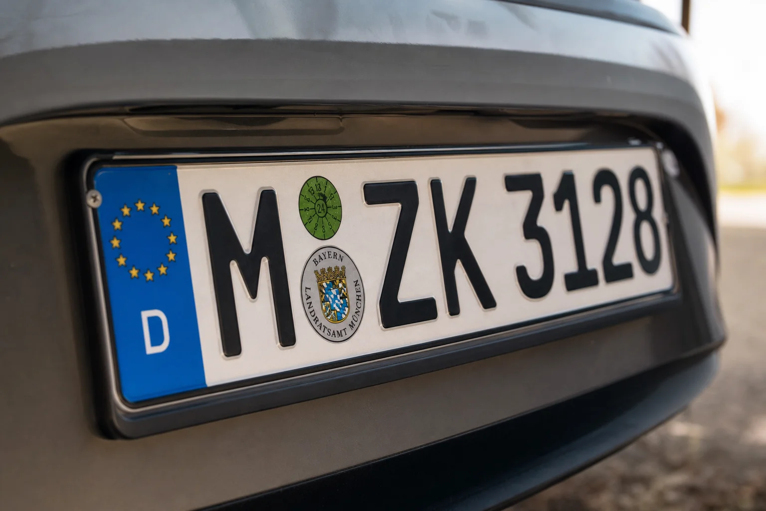 Close-up of vehicle number plate in daylight with sharp detail