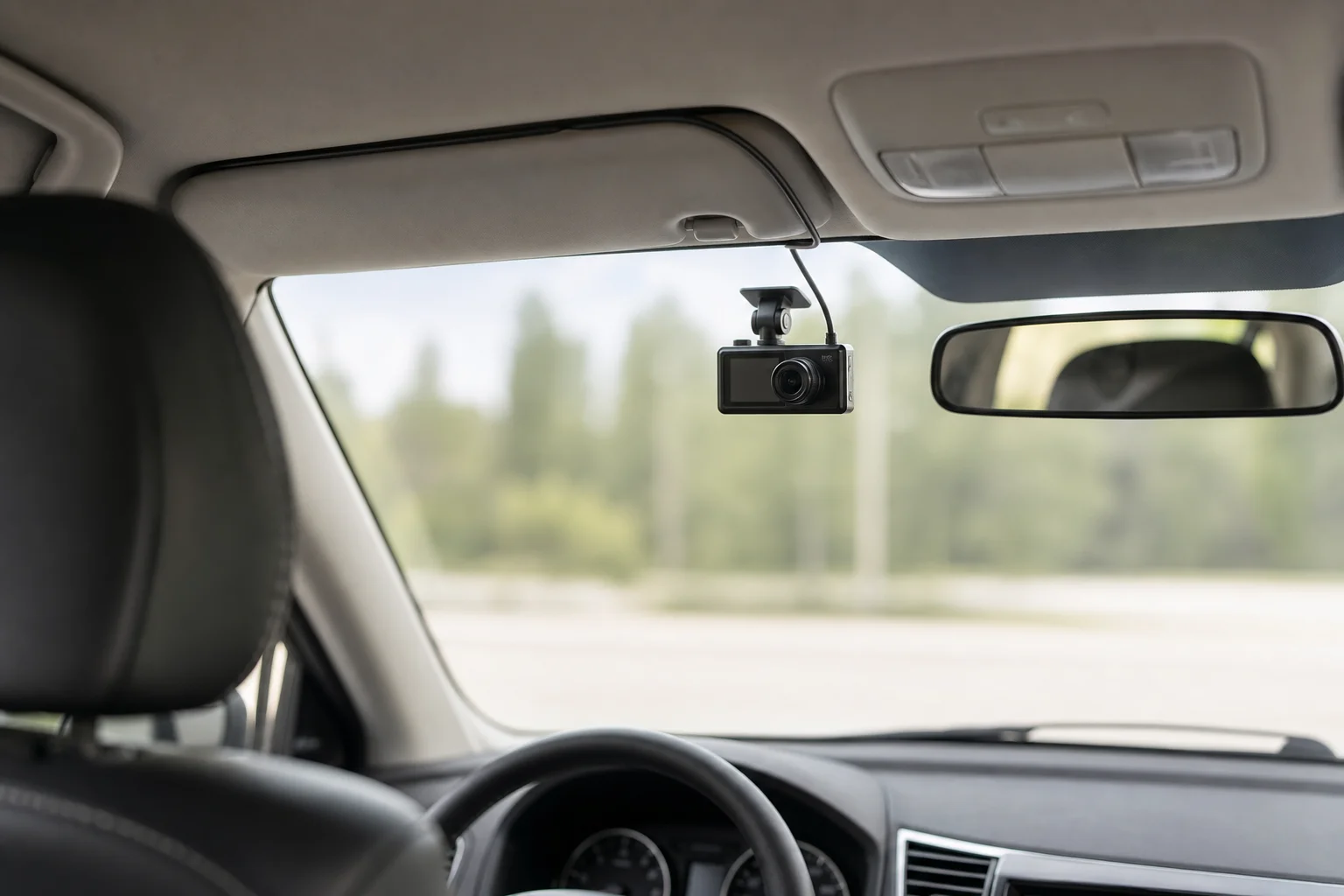 Car interior dashboard with dash camera mounted on windshield