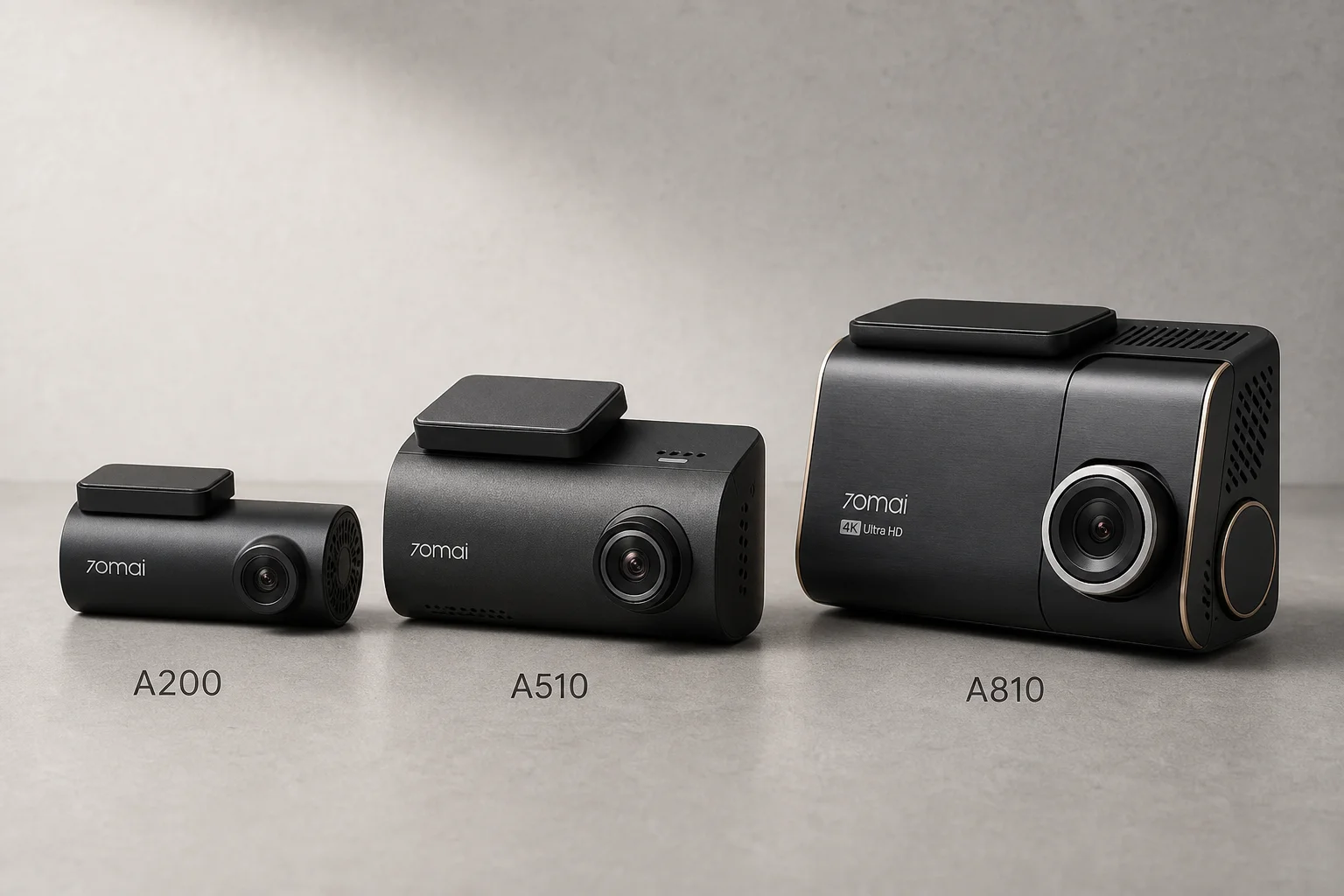 Three 70mai dash cameras A200, A510, and A810 arranged by size on grey surface