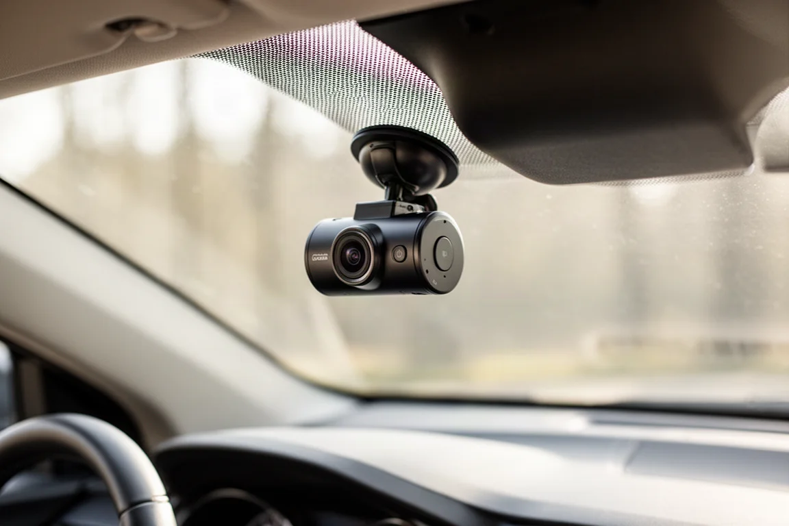 Dash cam compacte en forme de barillet montée sur un pare-brise de voiture