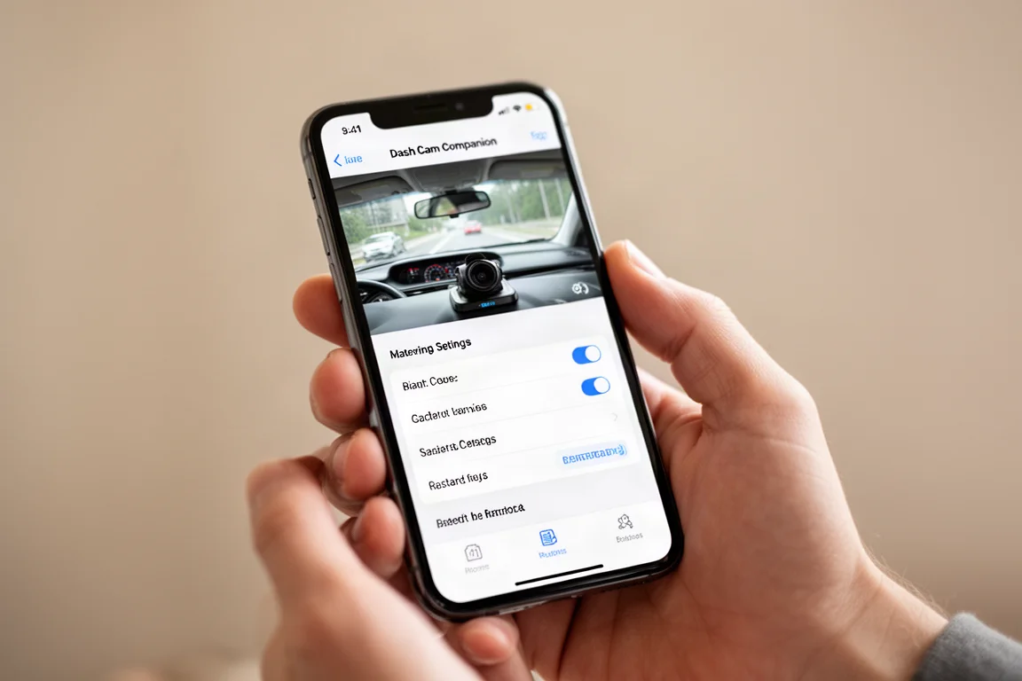 Main tenant un smartphone affichant une interface d'application de dash cam