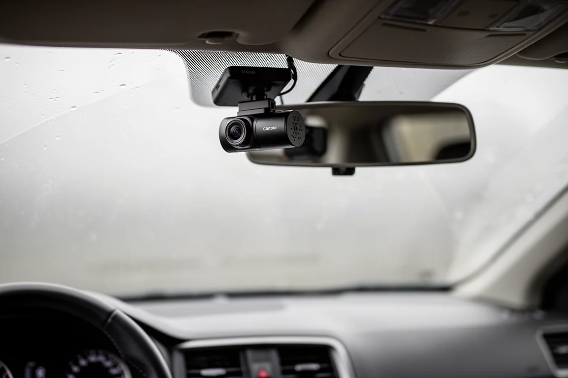 Compacte dashcam gemonteerd nabij de achteruitkijkspiegel op een voorruit