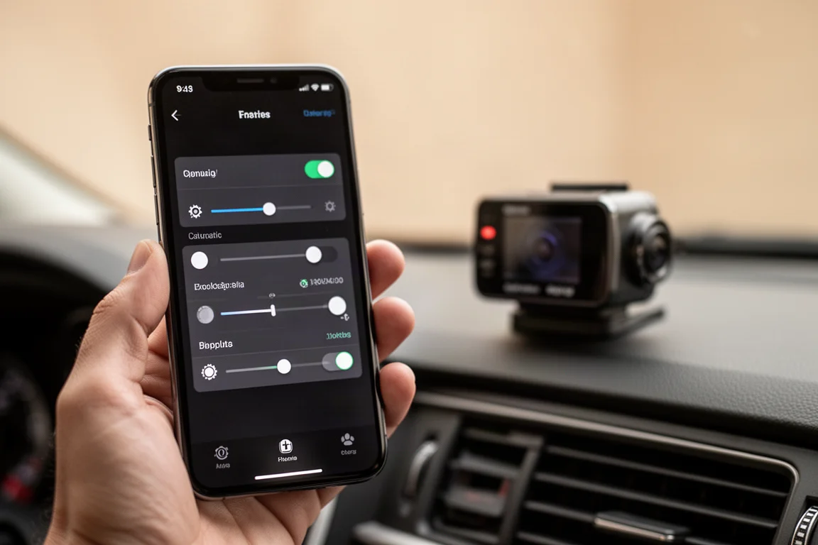 Smartphone met het instellingenscherm van een dashcam-companionapp