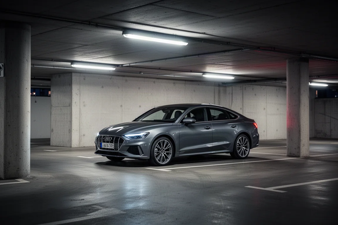 Stads parkeergarage met een geparkeerde auto onder TL-verlichting