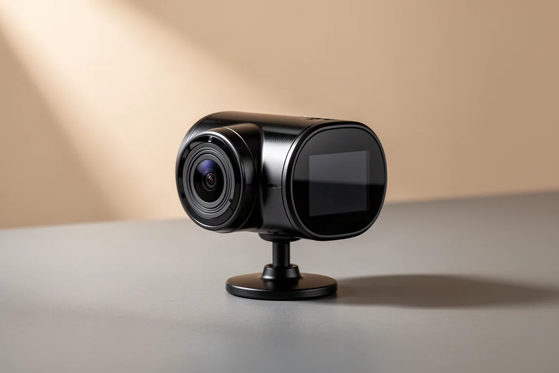 Compact black dash cam with rotating camera head on a grey surface