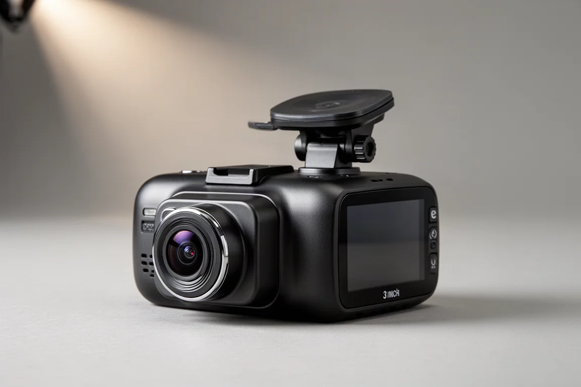 Sammlung moderner Dashcams, angeordnet auf einer matten Betonoberfläche