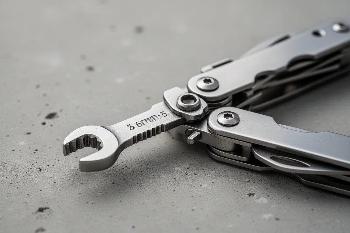 Kleine stalen ratelsleutel naast een bitpoort van een multitool gehouden ter illustratie van de schaal